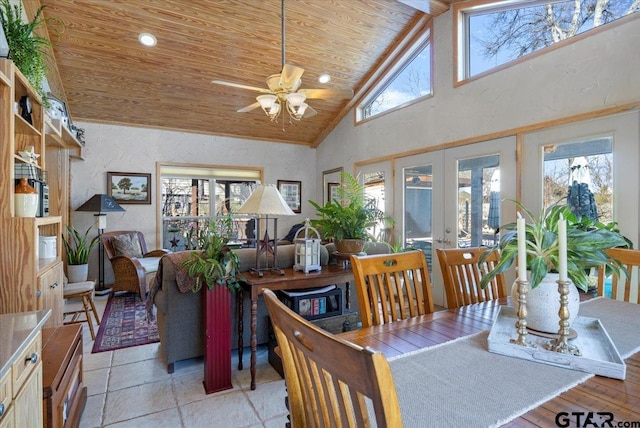 dining area featuring ceiling fan, high vaulted ceiling, french doors, and wooden ceiling