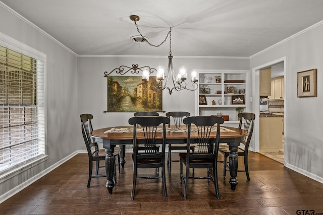 306 Dellwood Dr, Mount Pleasant, TX 75455 - dining space featuring a chandelier, crown molding, and dark wood-type flooring