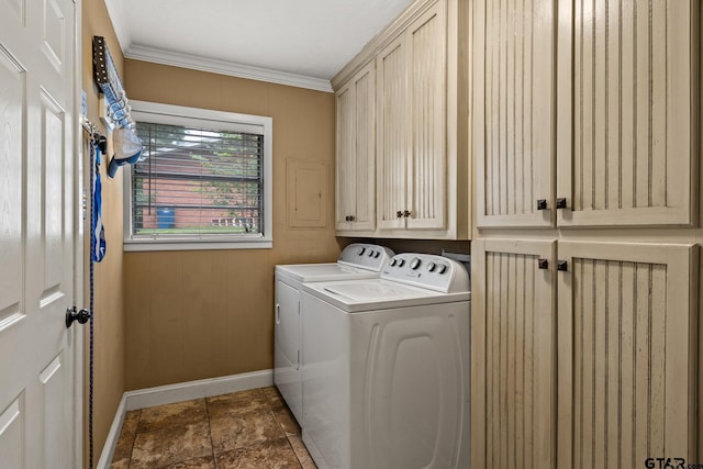 306 Dellwood Dr, Mount Pleasant, TX 75455 - washroom with cabinet space, washer and clothes dryer, ornamental molding, dark stone finish floors, and electric panel