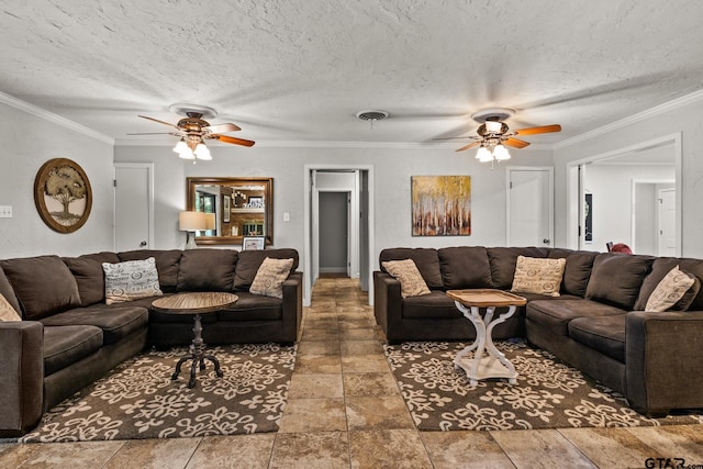 306 Dellwood Dr, Mount Pleasant, TX 75455 - living area with ceiling fan, crown molding, stone finish floors, and a textured ceiling