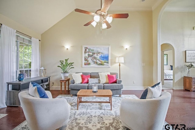 502 Northcreek Dr, Chandler, TX 75758 - living area with arched walkways, ceiling fan, high vaulted ceiling, wood finished floors, and baseboards