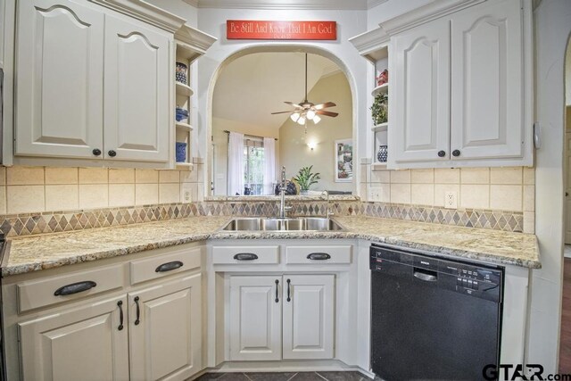 502 Northcreek Dr, Chandler, TX 75758 - kitchen featuring black dishwasher, open shelves, a sink, ceiling fan, and vaulted ceiling