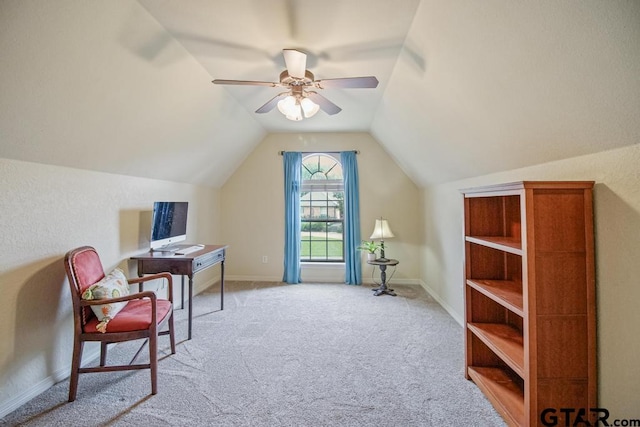 502 Northcreek Dr, Chandler, TX 75758 - home office with carpet floors, vaulted ceiling, a ceiling fan, and baseboards