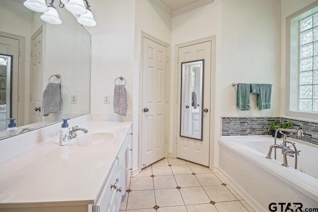 502 Northcreek Dr, Chandler, TX 75758 - full bath featuring vanity, a bath, tile patterned flooring, and ornamental molding