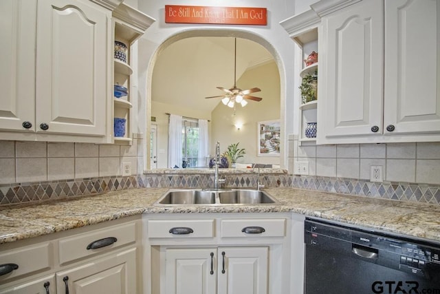 502 Northcreek Dr, Chandler, TX 75758 - kitchen featuring open shelves, dishwasher, a sink, a ceiling fan, and white cabinets