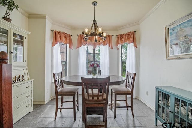 502 Northcreek Dr, Chandler, TX 75758 - dining room with a chandelier, light tile patterned flooring, crown molding, and baseboards