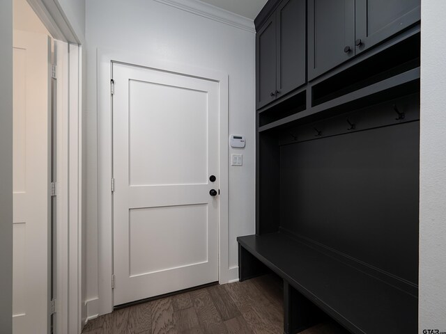 1555 Maple Crk, Tyler, TX 75703 - mudroom with dark wood-style floors and ornamental molding