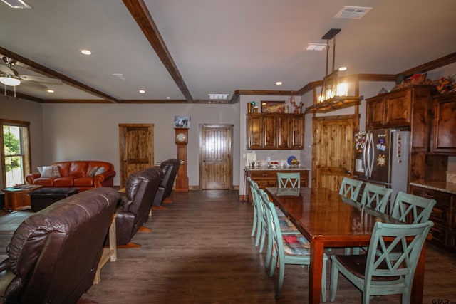 5000 Fm 315 S, Chandler, TX 75758 - dining area featuring dark wood finished floors, beamed ceiling, a ceiling fan, recessed lighting, and crown molding
