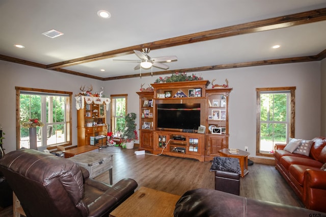 5000 Fm 315 S, Chandler, TX 75758 - living room with ceiling fan, wood finished floors, ornamental molding, recessed lighting, and beamed ceiling