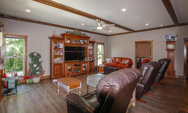 5000 Fm 315 S, Chandler, TX 75758 - living room featuring beam ceiling, ceiling fan, wood finished floors, recessed lighting, and baseboards