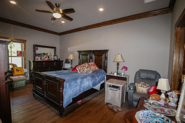 5000 Fm 315 S, Chandler, TX 75758 - bedroom with dark wood finished floors, ornamental molding, recessed lighting, and ceiling fan
