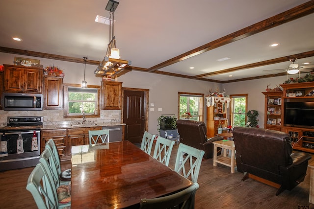5000 Fm 315 S, Chandler, TX 75758 - dining room with dark wood-style flooring, plenty of natural light, beamed ceiling, crown molding, and recessed lighting