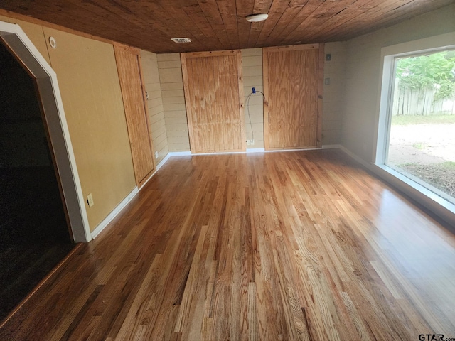 unfurnished room with hardwood / wood-style floors, wooden ceiling, and wood walls