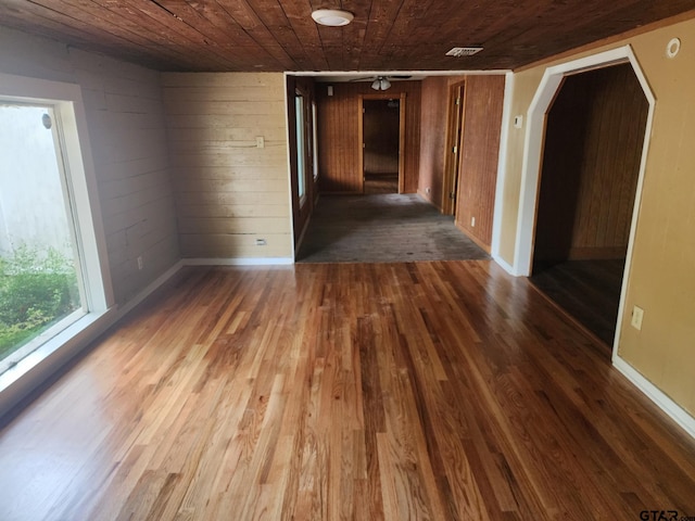 interior space with dark hardwood / wood-style floors, wooden ceiling, and wood walls