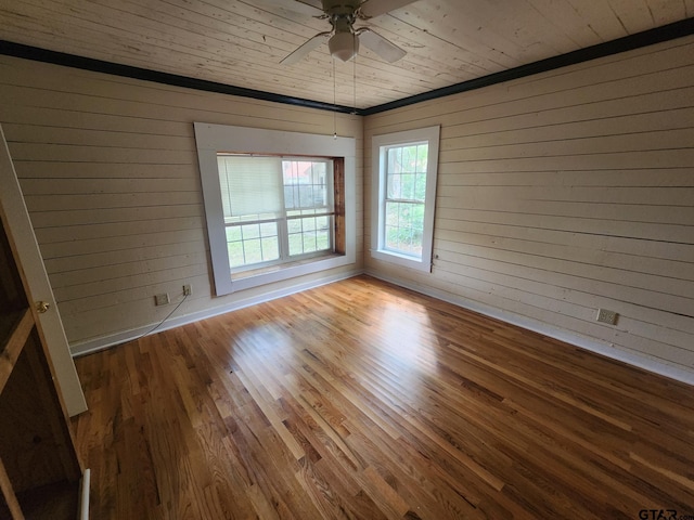 unfurnished room with wood ceiling, wooden walls, light hardwood / wood-style floors, and ceiling fan