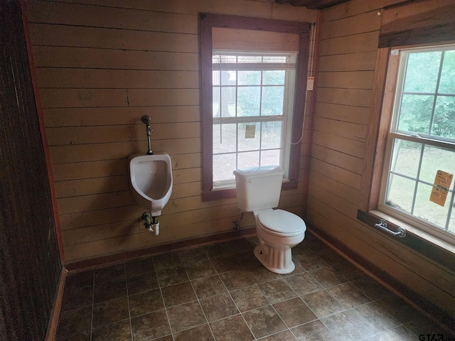 bathroom featuring a healthy amount of sunlight, wooden walls, and toilet