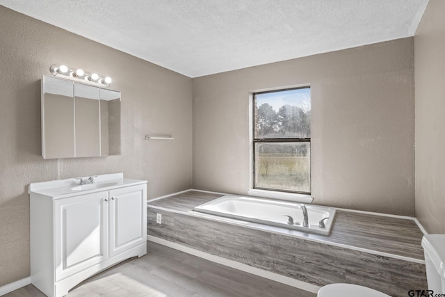bathroom with wood finished floors, a textured wall, vanity, a bath, and a textured ceiling