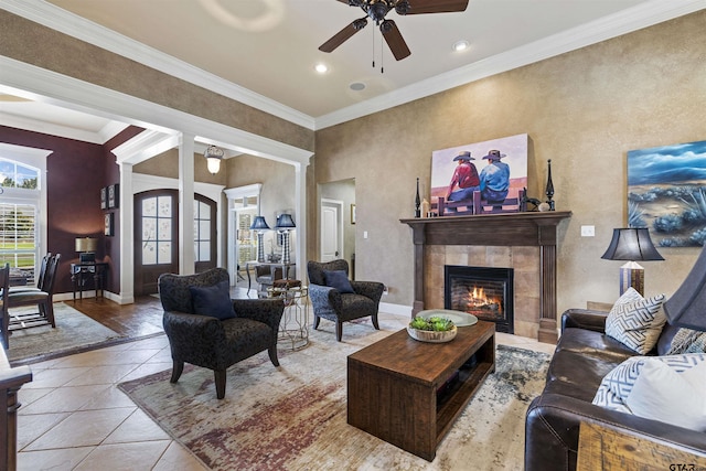 11187 Hunters Trl, Flint, TX 75762 - living room with a ceiling fan, a fireplace, recessed lighting, ornamental molding, and tile patterned floors