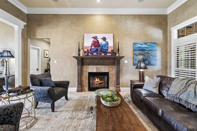 11187 Hunters Trl, Flint, TX 75762 - living room with crown molding, a fireplace, and tile patterned floors