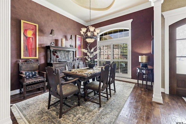 11187 Hunters Trl, Flint, TX 75762 - dining room featuring hardwood / wood-style floors, a chandelier, ornate columns, and ornamental molding