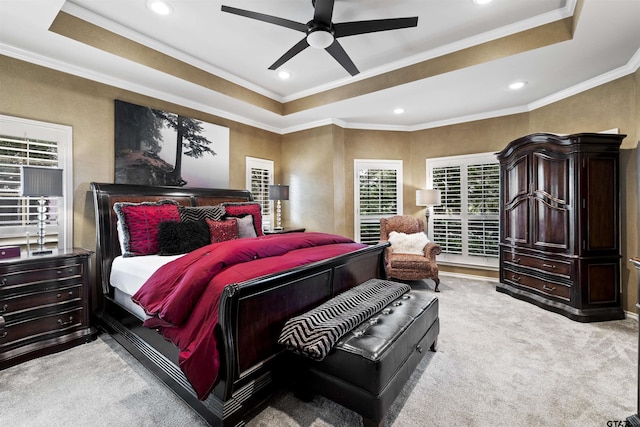 11187 Hunters Trl, Flint, TX 75762 - bedroom with a raised ceiling, light carpet, crown molding, recessed lighting, and ceiling fan