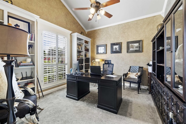 11187 Hunters Trl, Flint, TX 75762 - office space featuring carpet flooring, crown molding, ceiling fan, lofted ceiling, and a textured wall