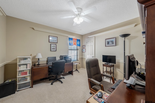 office with ceiling fan, carpet, and a textured ceiling