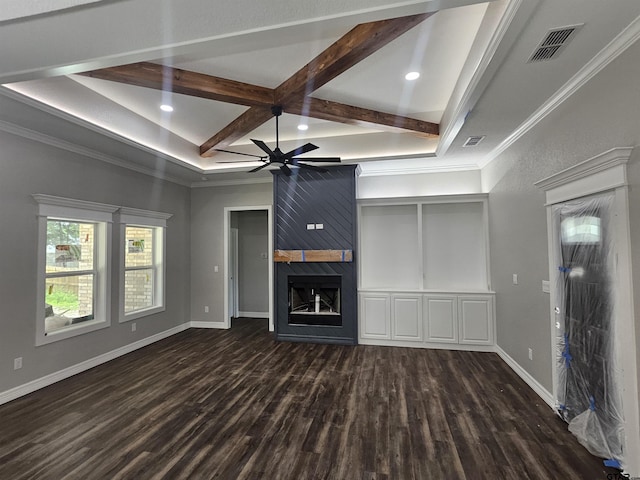 105 Johnston St, Arp, TX 75750 - unfurnished living room featuring a fireplace, dark wood-style flooring, beamed ceiling, coffered ceiling, and ceiling fan
