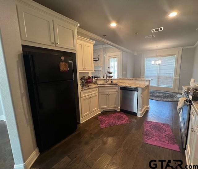 kitchen featuring sink, black fridge, stainless steel dishwasher, kitchen peninsula, and white cabinets