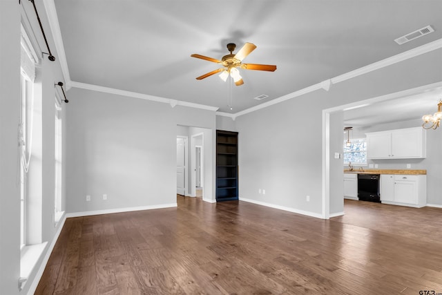 unfurnished living room with crown molding, ceiling fan with notable chandelier, hardwood / wood-style floors, and sink