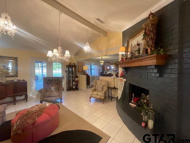 living room featuring an inviting chandelier, a brick fireplace, vaulted ceiling with beams, light tile patterned floors, and ornamental molding