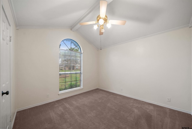 unfurnished room with ceiling fan, baseboards, vaulted ceiling with beams, and carpet