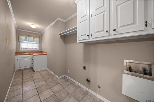 laundry area with baseboards, electric dryer hookup, ornamental molding, hookup for a washing machine, and cabinet space