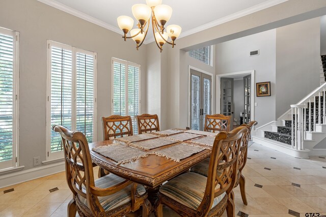 dining area featuring crown molding, stairs, light tile patterned flooring, an inviting chandelier, and visible vents