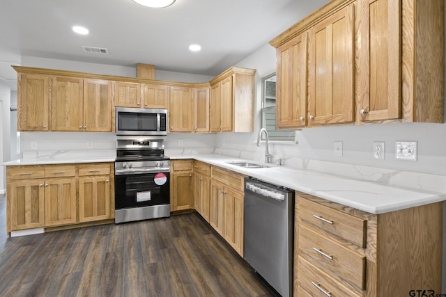 kitchen featuring visible vents, dark wood-type flooring, stainless steel appliances, a sink, and recessed lighting