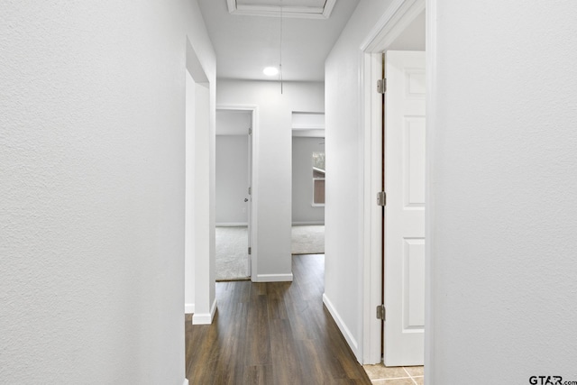 corridor featuring attic access, baseboards, and dark wood-style floors