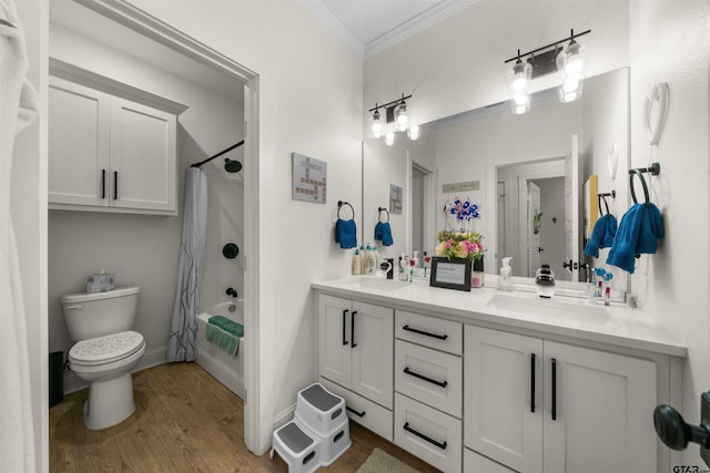 full bathroom with shower / bath combo, ornamental molding, vanity, wood-type flooring, and toilet