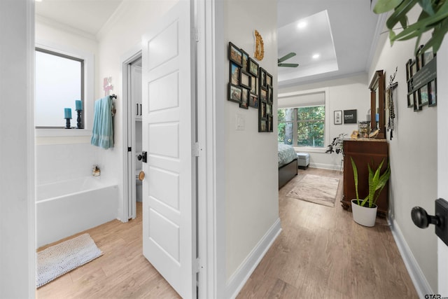 hallway with light wood-type flooring, a tray ceiling, and ornamental molding