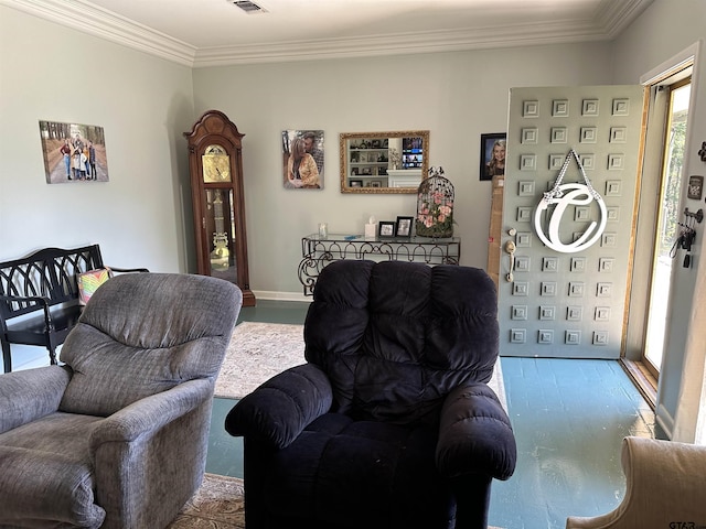living room with crown molding