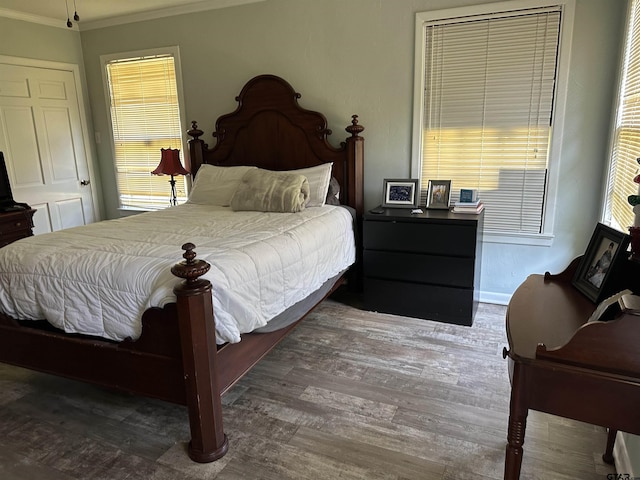 bedroom with crown molding and dark wood-type flooring
