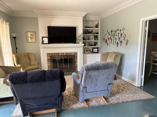 living room with a brick fireplace, built in features, ornamental molding, and dark hardwood / wood-style flooring