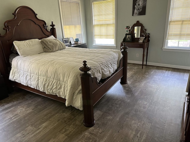 bedroom featuring dark hardwood / wood-style floors and multiple windows