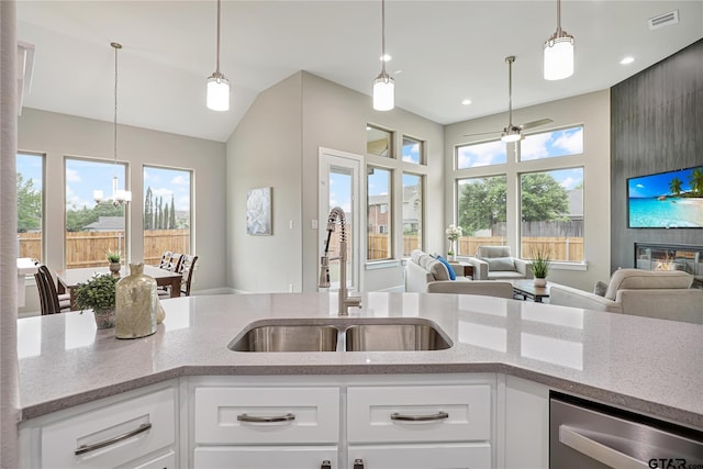 kitchen with white cabinets, stainless steel dishwasher, a fireplace, and sink