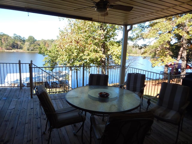 deck featuring ceiling fan and a water view