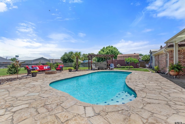 16050 Stonebriar Ct, Lindale, TX 75771 - view of swimming pool featuring a pergola, a patio, a fenced backyard, and an outdoor living space with a fire pit