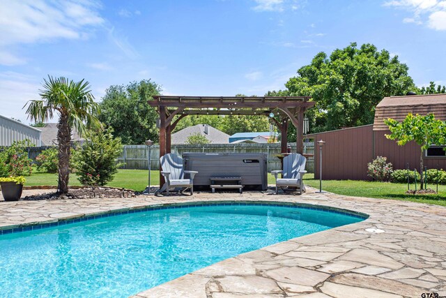 16050 Stonebriar Ct, Lindale, TX 75771 - view of swimming pool with a fenced backyard, a pergola, a hot tub, and a patio