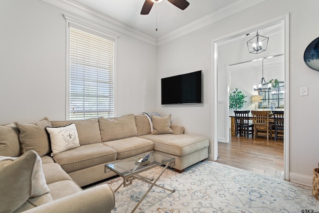 16050 Stonebriar Ct, Lindale, TX 75771 - living area with a chandelier, ceiling fan, ornamental molding, and wood finished floors