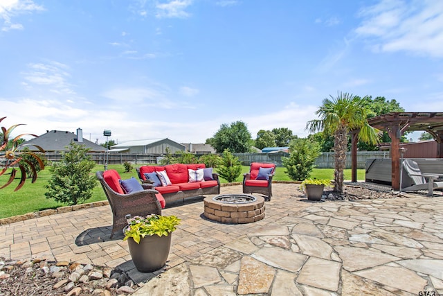 16050 Stonebriar Ct, Lindale, TX 75771 - fenced backyard with a patio, an outdoor living space with a fire pit, a pergola, and a hot tub