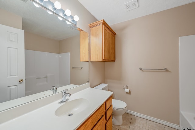 full bathroom with tile patterned flooring, a textured ceiling, vanity, shower with separate bathtub, and toilet