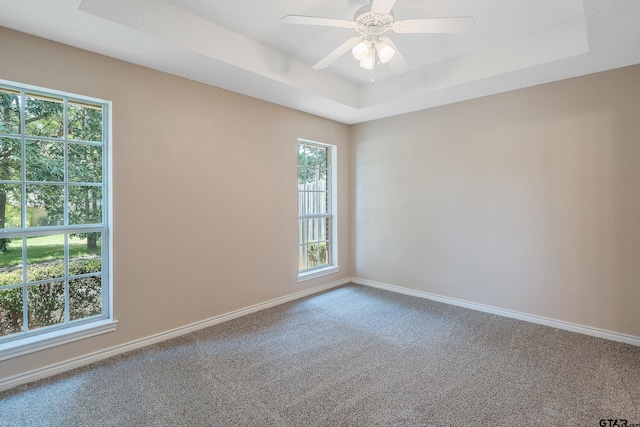 carpeted spare room with ceiling fan and a tray ceiling